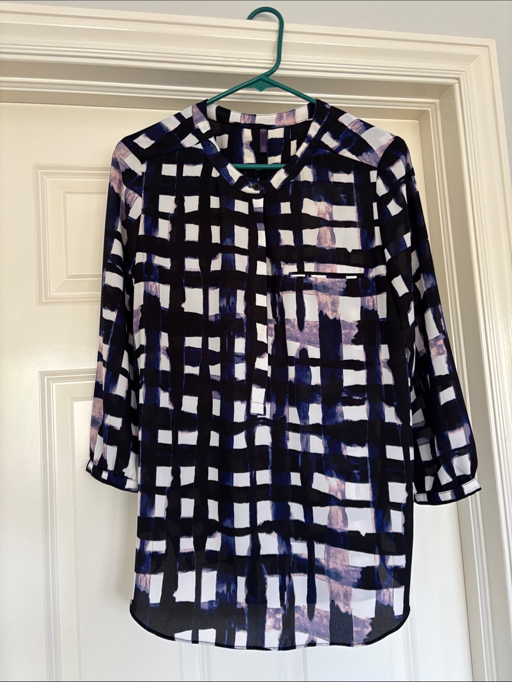 NYDJ Black, White and Lavender Grid-Print Blouse